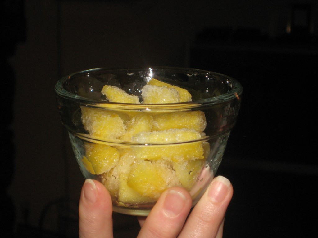 We started off with a bowl of frozen pineapple.